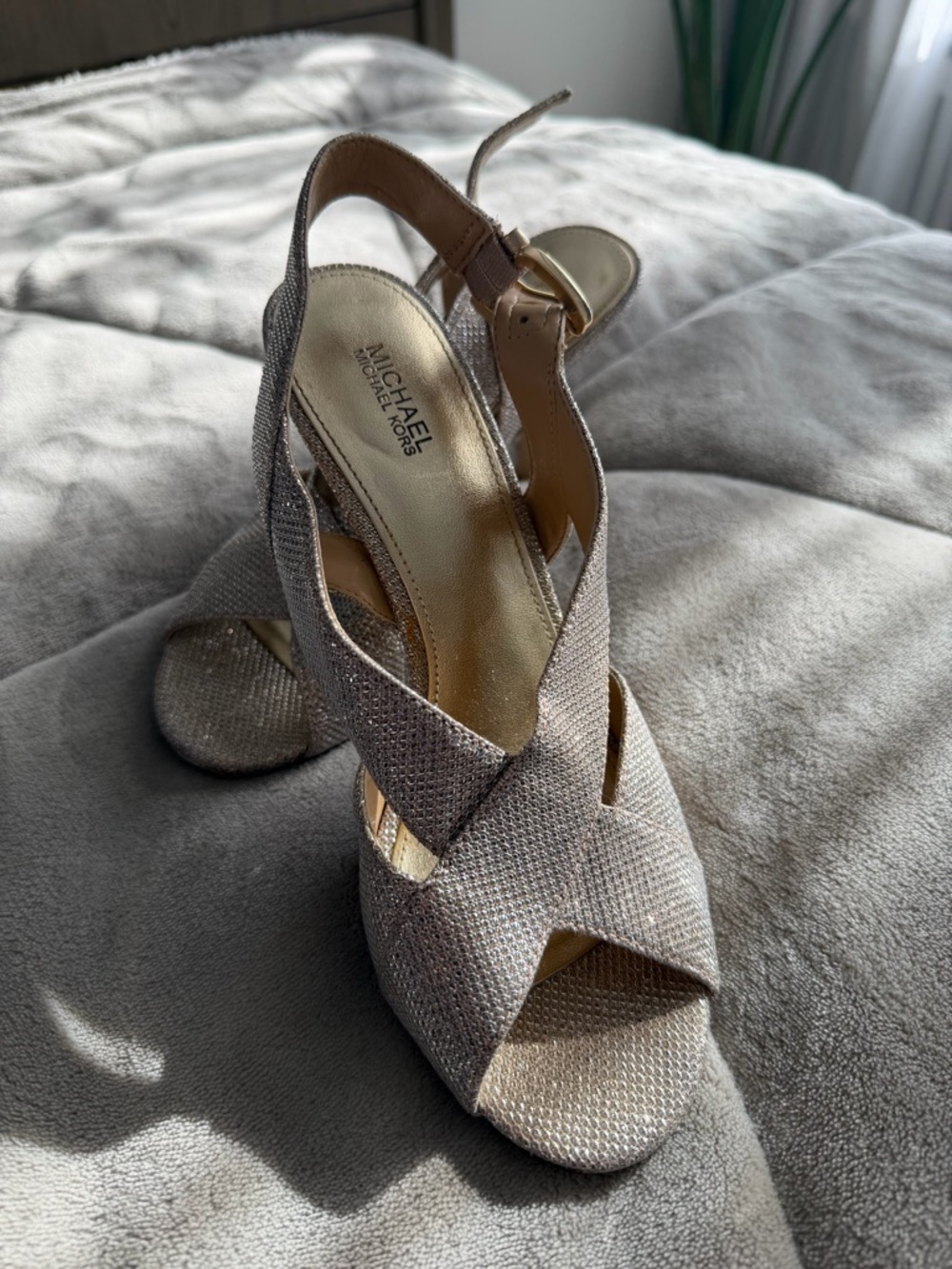 Michael Kors Champagne Metallic Crisscross Slingback Heels